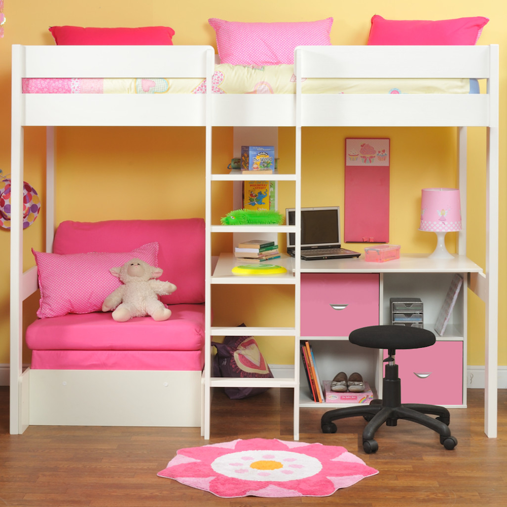 High Sleeper with Pull Out Chair Bed in Pink+ Cube Unit  with 2 pink doors + Stompa S Flex Airflow Mattress