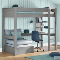 Childrens Classic High Sleeper Bed in Grey with integrated desk and shelving and pull out chair bed UK Standard Single Size Lifestyle Angled