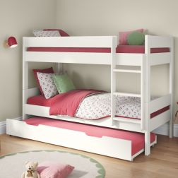 Compact Detachable Bunk Bed In White With Open Trundle and Trundle Mattress Lifestyle Angled Zoomed