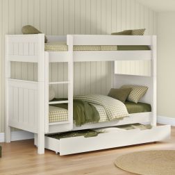 Classic Bunk Bed in White with a Trundle Storage Drawer Lifestyle Angled