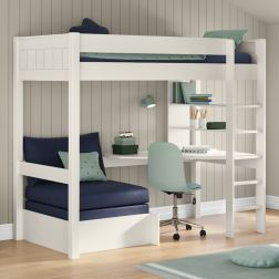 Classic High Sleeper in White with Integrated Desk and Shelving and Pull out Chair Bed Blue Lifestyle Angled Zoomed