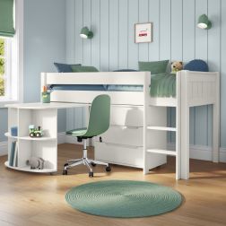 Classic Mid Sleeper in White + Pull Out Desk and 3 Drawer chest Standard UK Single Size Lifestyle Angled