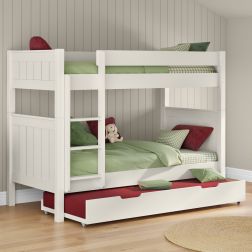 Childrens Classic Bunk Bed in White with full size trundle bed including a trundle mattress Lifestyle Angled Zoomed