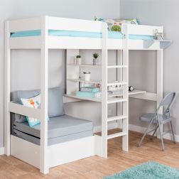 Uno 5 White Highsleeper with Desk and Pull Out Chair Bed White Grey Cushion Set Lifestyle Angled