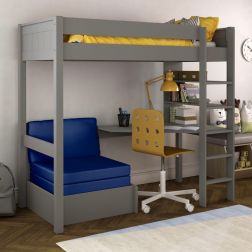 Classic High Sleeper in Grey with integrated desk and shelving and pull out chair bed  UK Standard Single Size Lifestyle Angled