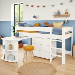 Uno White Midsleeper with Pull Out Desk and 3 Drw Chest Lifestyle Angled Zoomed