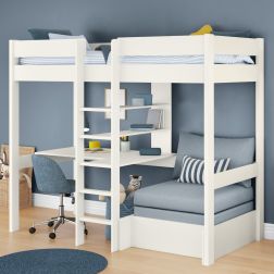 Uno White High Sleeper with Integrated Desk and Shelving and Grey Chair Bed Lifestyle Angled Zoomed