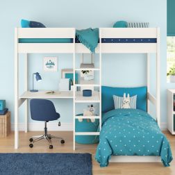 Uno White High Sleeper with Integrated Desk and Shelving and Aqua Chair Bed