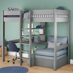 Uno Grey High Sleeper with Integrated Desk and Shelving and Grey Chair Bed