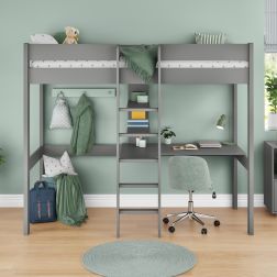 Uno Grey High Sleeper Bed with Integrated Desk and Shelving Lifestyle Angled Second Zoomed