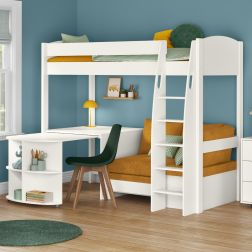 Uno S 22 Highsleeper with Mustard Yellow Sofa bed with a Fixed and Pull Out Desk Lifestyle Angled Zoomed