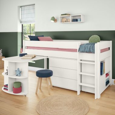 Uno White Midsleeper with Pull Out Desk, Cube Unit with 2 White Doors and 3 Drawer Chest Lifestyle Angled Zoomed