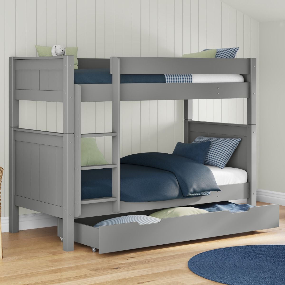 Classic Bunk Bed in Grey with Trundle Drawer Lifestyle Angled Zoomed