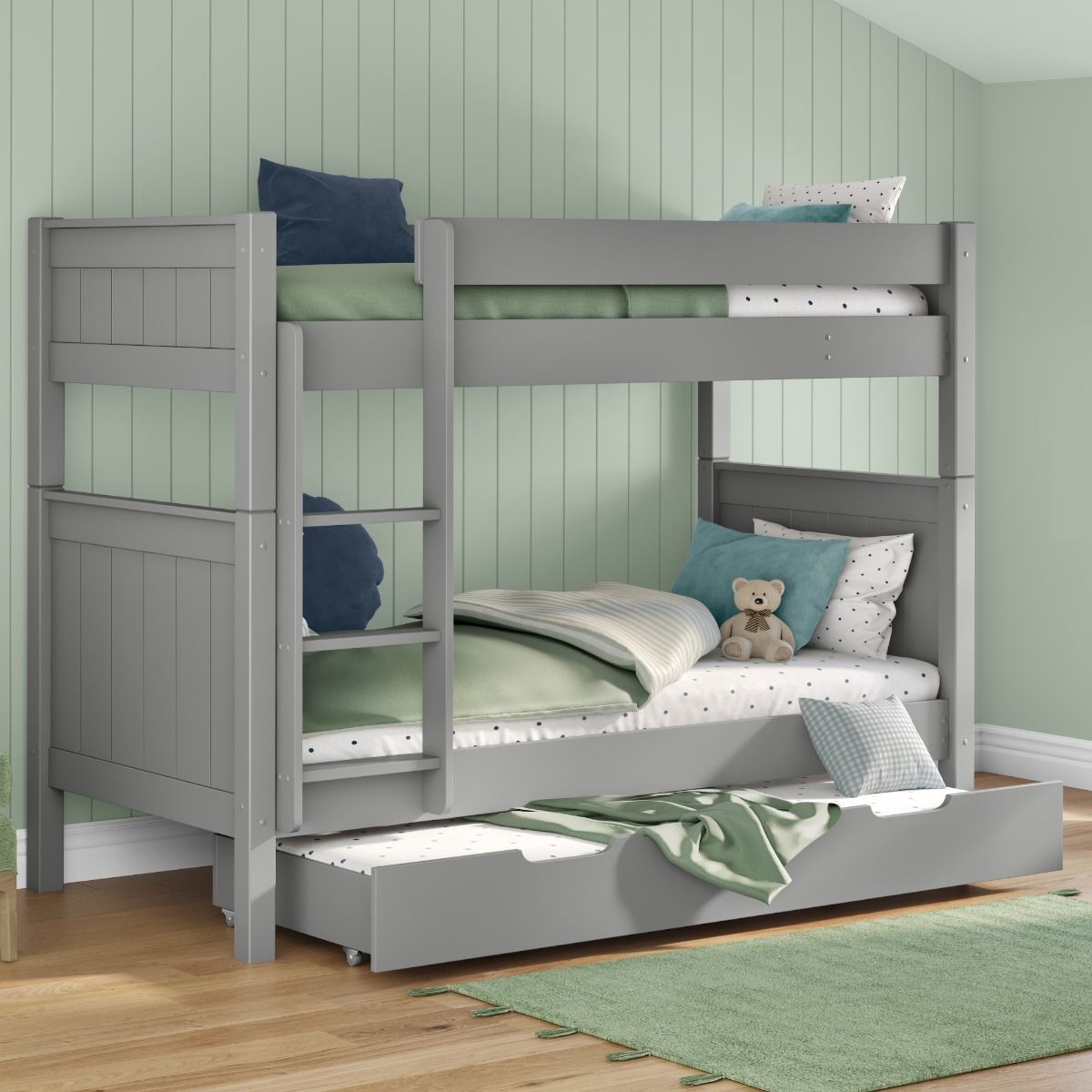 Classic Bunk Bed in White with a Trundle Bed and Trundle Mattress Lifestyle Angled Zoomed