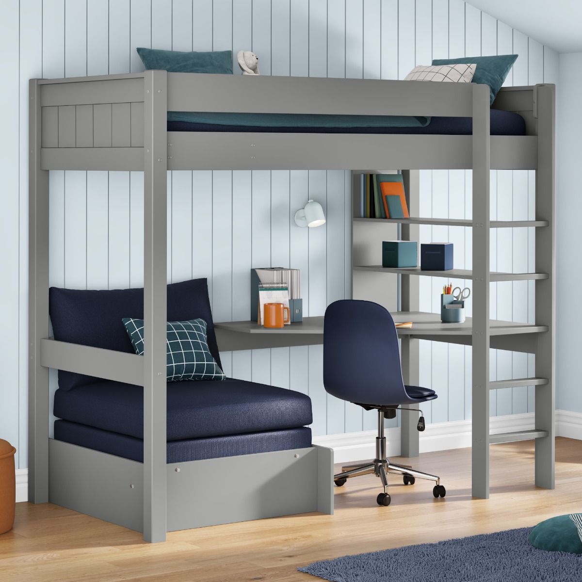 Classic High Sleeper in Grey with integrated desk and shelving and pull out chair bed  UK Standard Single Size Lifestyle Angled