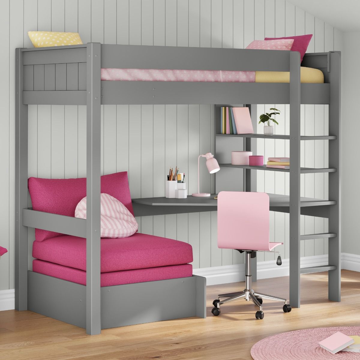 Classic High Sleeper in Grey with integrated desk and shelving and pull out chair bed UK Standard Single Size Lifestyle Angled