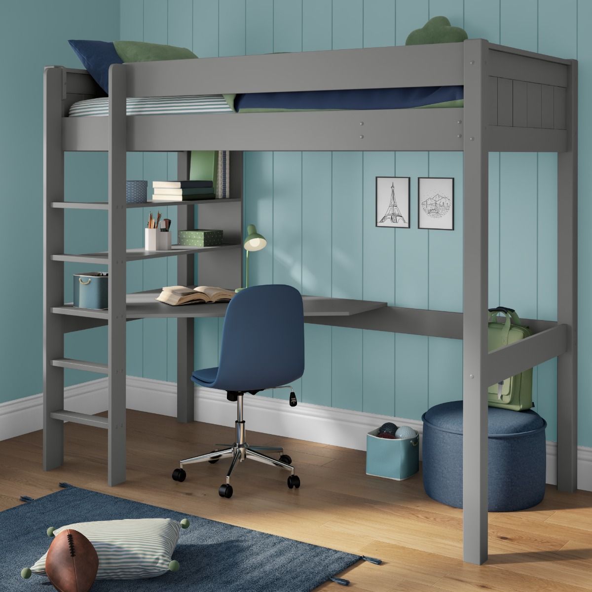 Classic High Sleeper in Grey with integrated desk and shelving  UK Standard Single Size Lifestyle Angled