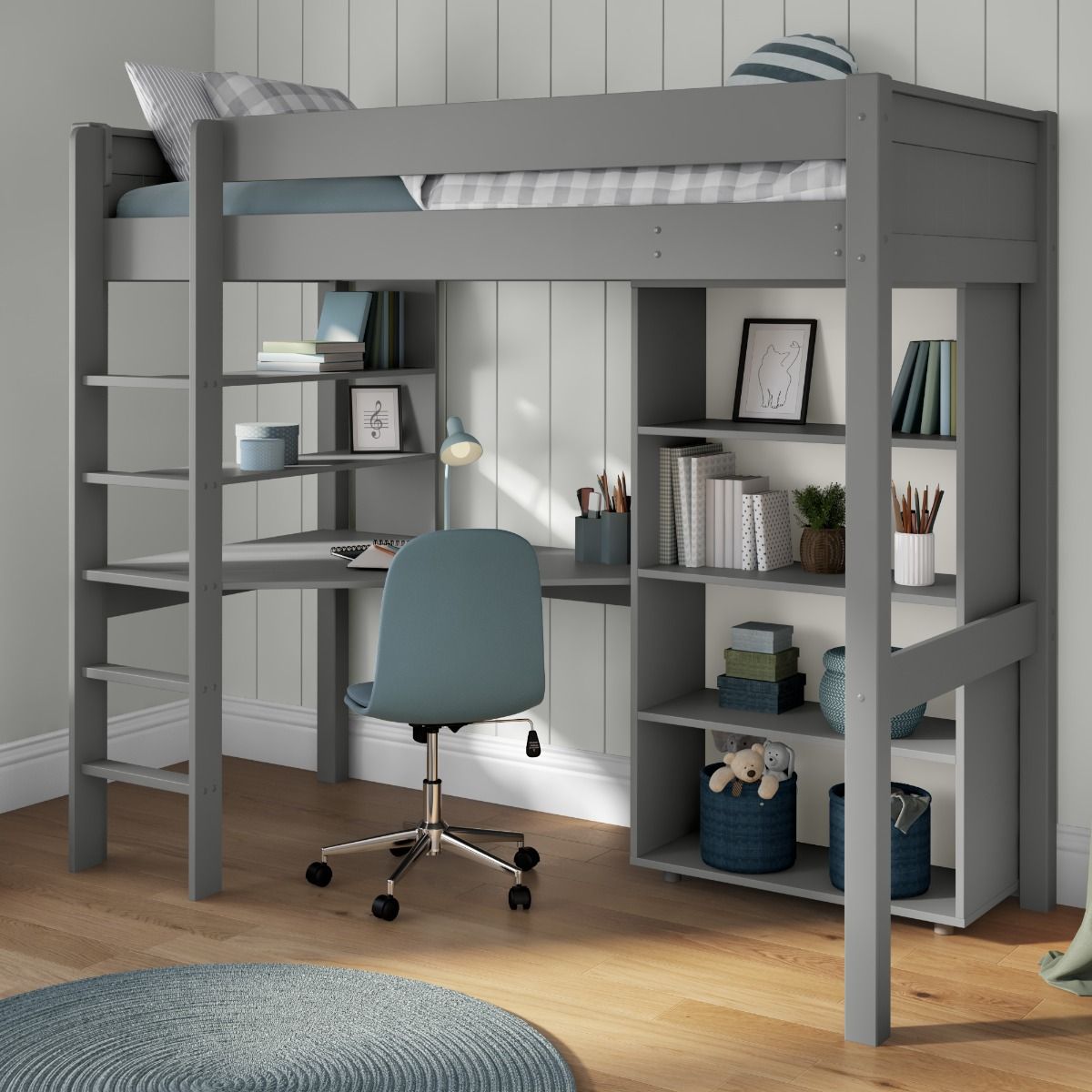 Childrens Classic High Sleeper Bed in Grey with integrated desk and shelving and Tall Bookcase Lifestyle Angled Zoomed