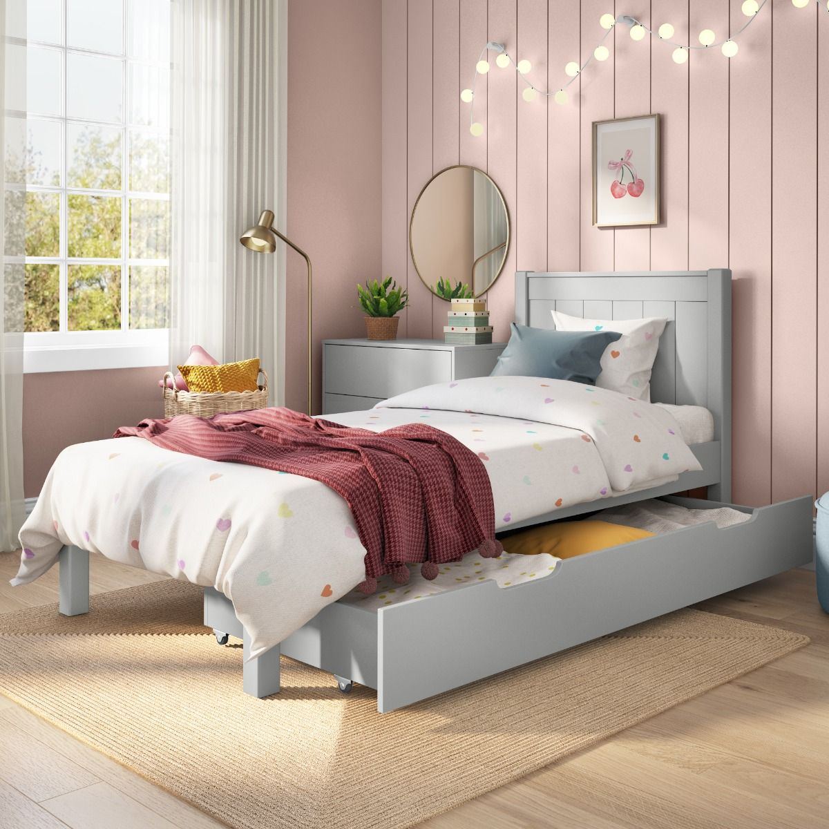 Childrens Stompa Classic Grey Low End Single Bed with Trundle Drawer Zoomed lifestyle