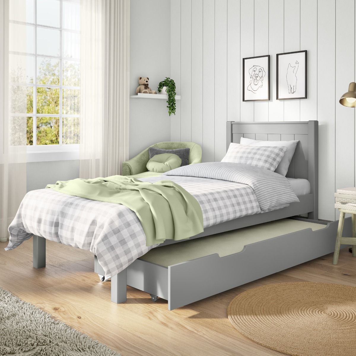 Childrens Stompa Classic Low End Single Bed in Grey with a Trundle Bed and Trundle Mattress zoom image