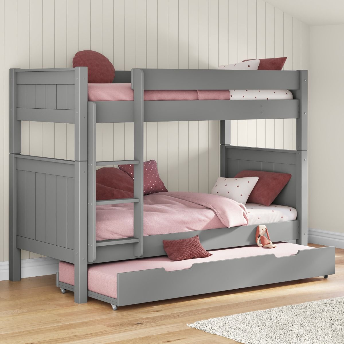 Classic Bunk Bed in Grey with Full Size Trundle Bed and Free Trundle Mattress Lifestyle Angled Zoomed