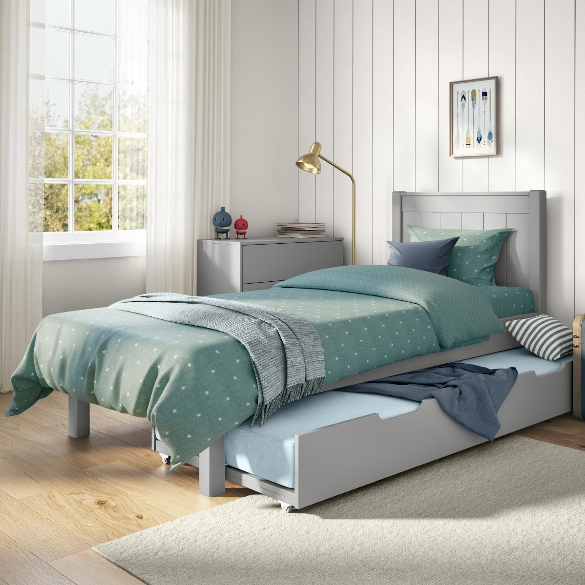 Classic Grey Low End Single Bed with Open Trundle and Trundle Mattress Lifestyle Angled Zoomed