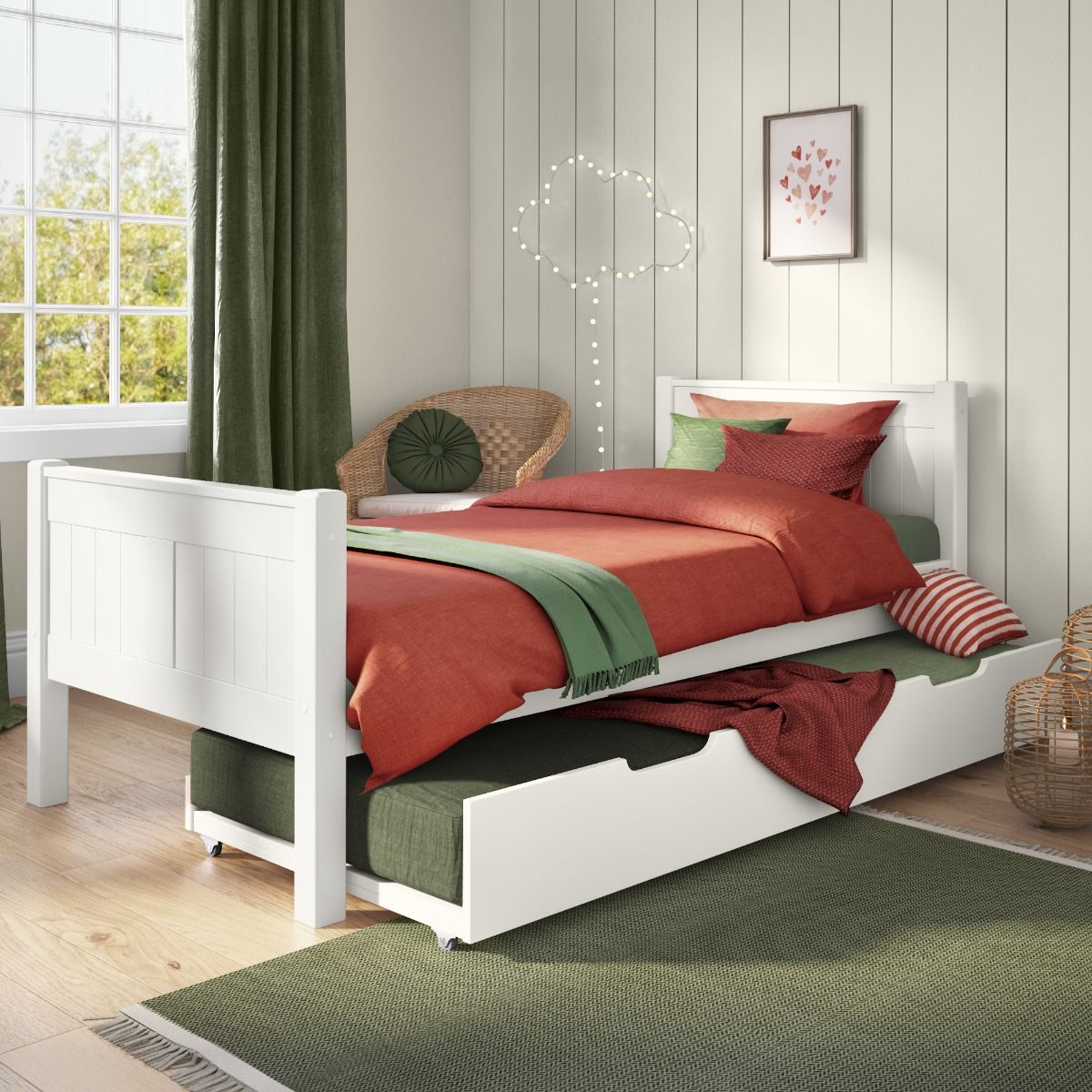 Childrens Classic Single Bed White with an Open Trundle including a Stompa S Flex Airflow UK Single Mattress  Lifestyle Angled Zoomed