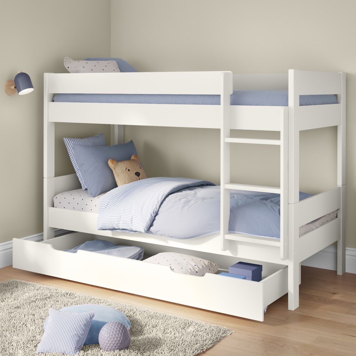 Childrens Compact Detachable Bunk Bed In White Including a Trundle Drawer Lifestyle Angled Zoomed