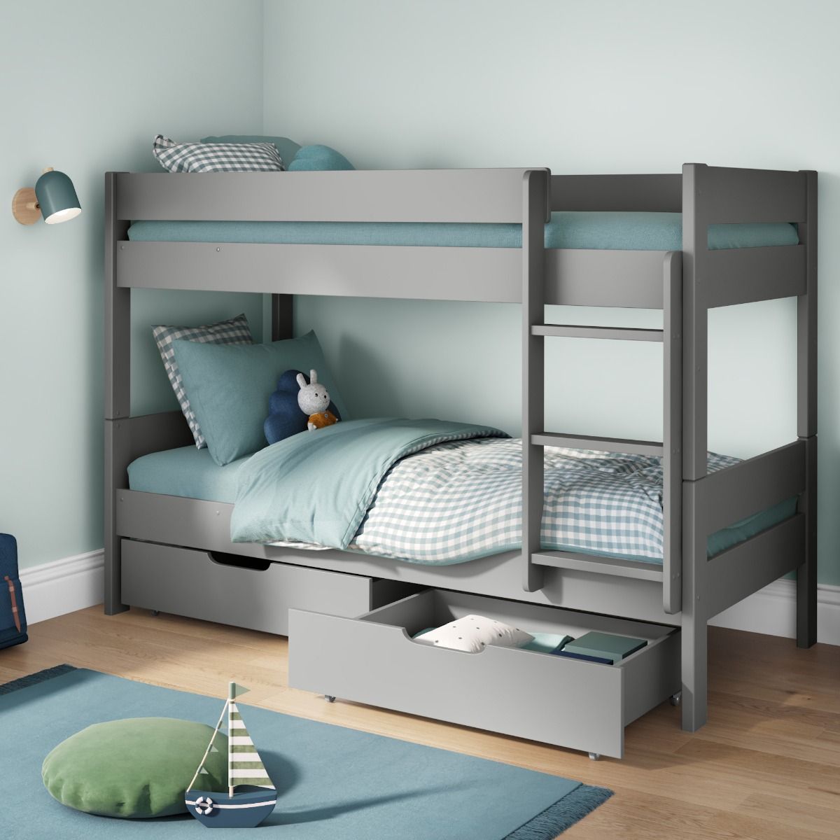 Compact Detachable Bunk Bed In Warm Grey with a Pair of Drawers Lifestyle Angled Zoomed