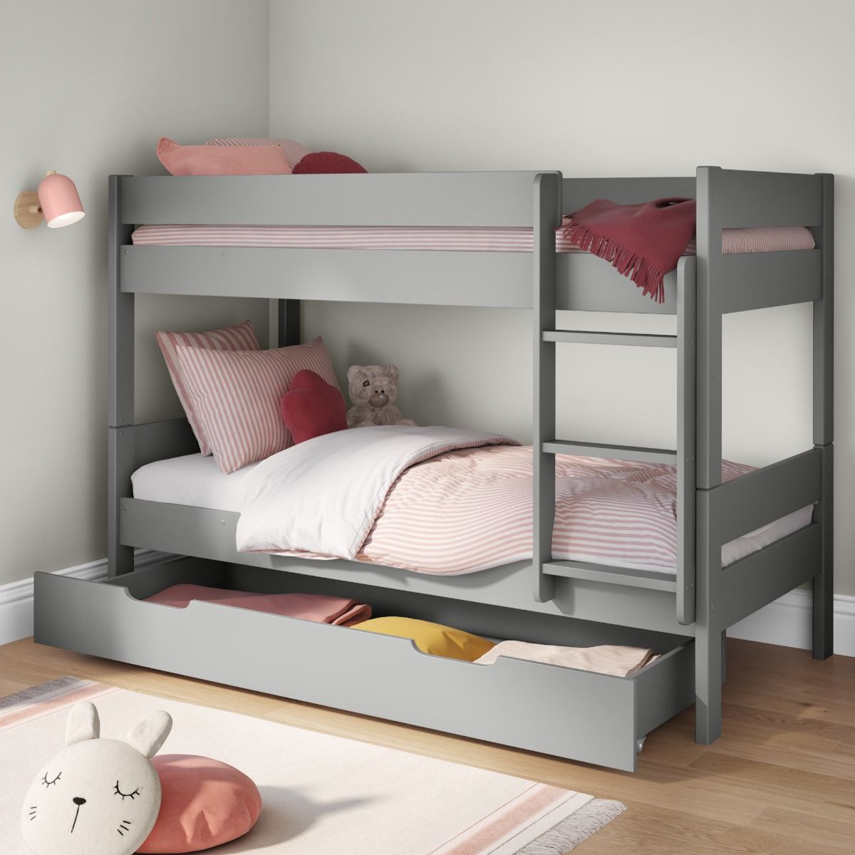 Childrens Compact Detachable Bunk Bed In Grey Including a Trundle Drawer Lifestyle Angled Zoomed