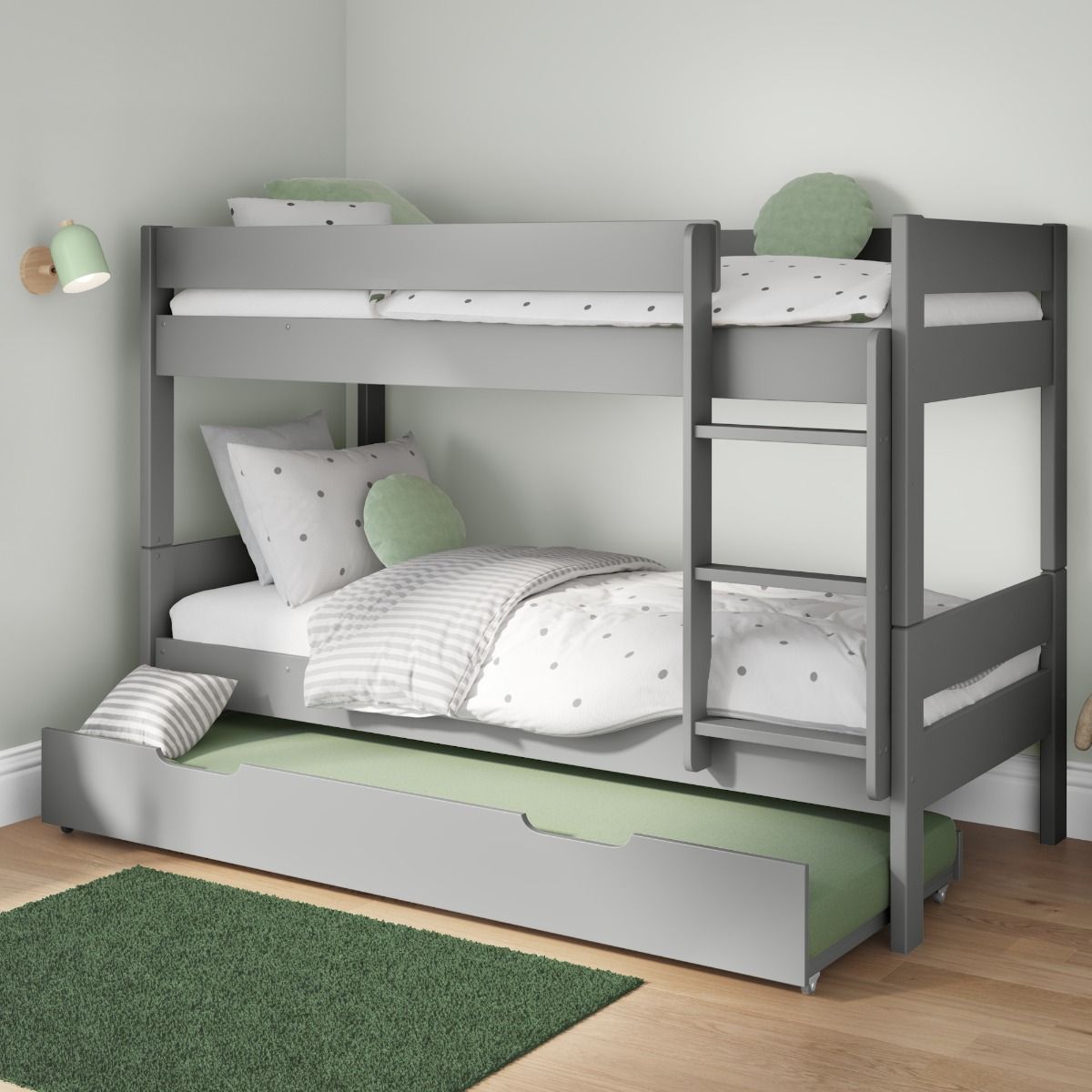 Compact Detachable Bunk Bed In Grey With Open Trundle and Trundle Mattress Lifestyle Angled Zoomed