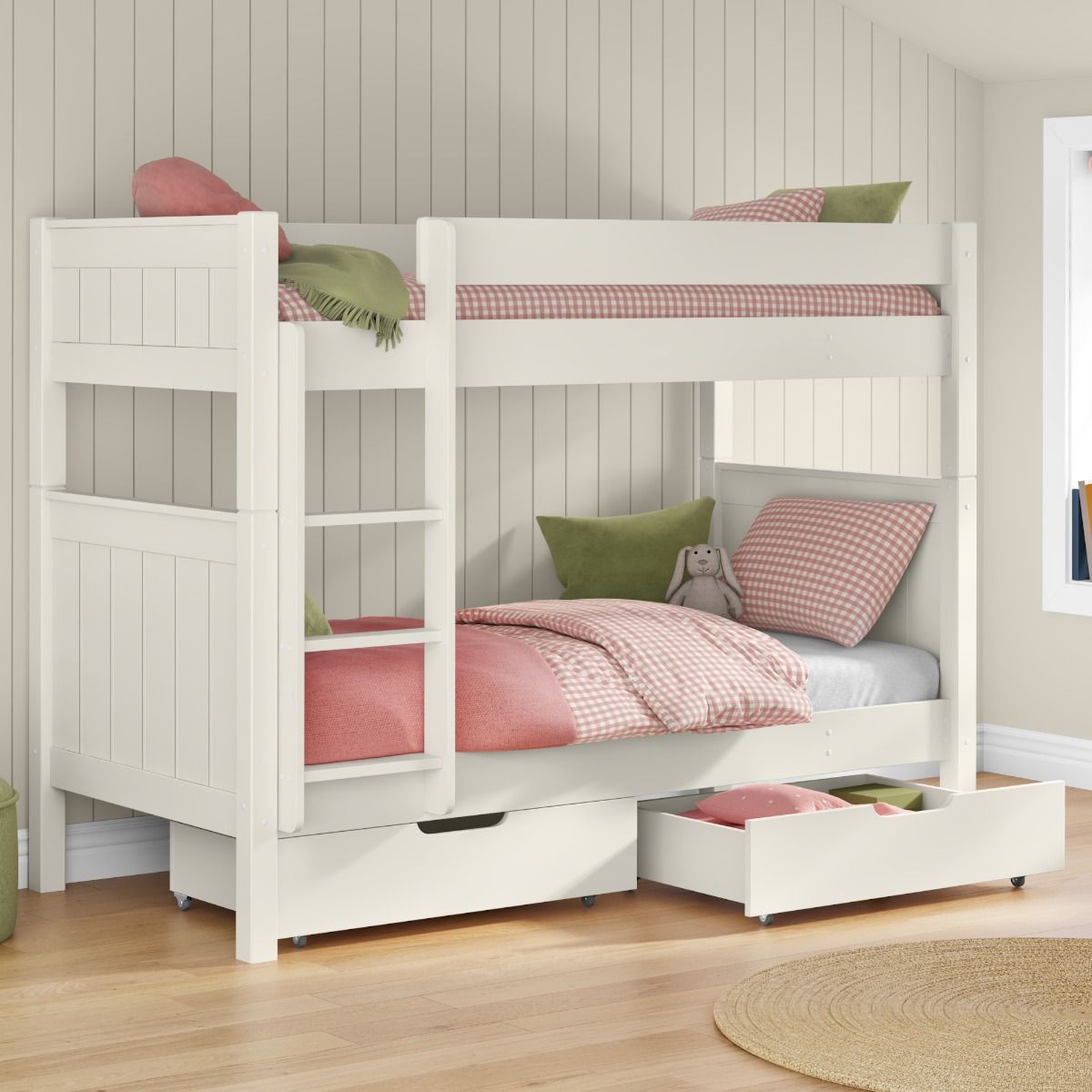 Classic Bunk Bed in White with a Pair of Storage Drawers Lifestyle Angled