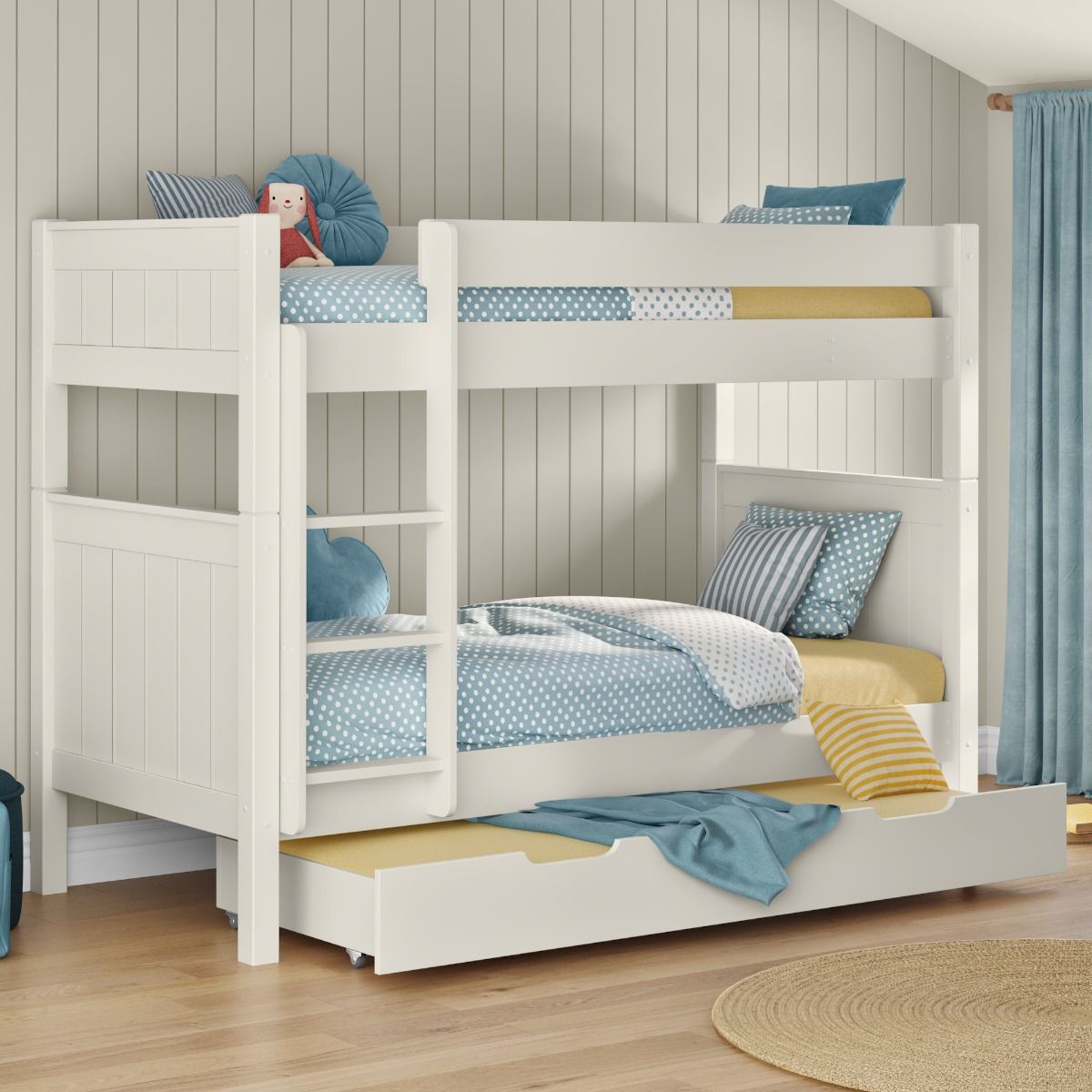 Classic Bunk Bed in White with a Trundle Bed and Trundle Mattress Lifestyle Angled Zoomed