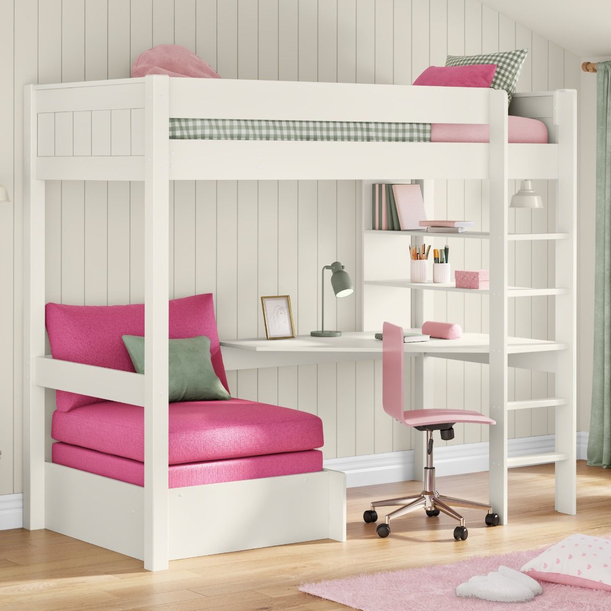 Childrens Classic High Sleeper Bed in White with Integrated Desk and Shelving, Pull Out Chair Bed in Pink Lifestyle Angled Zoomed