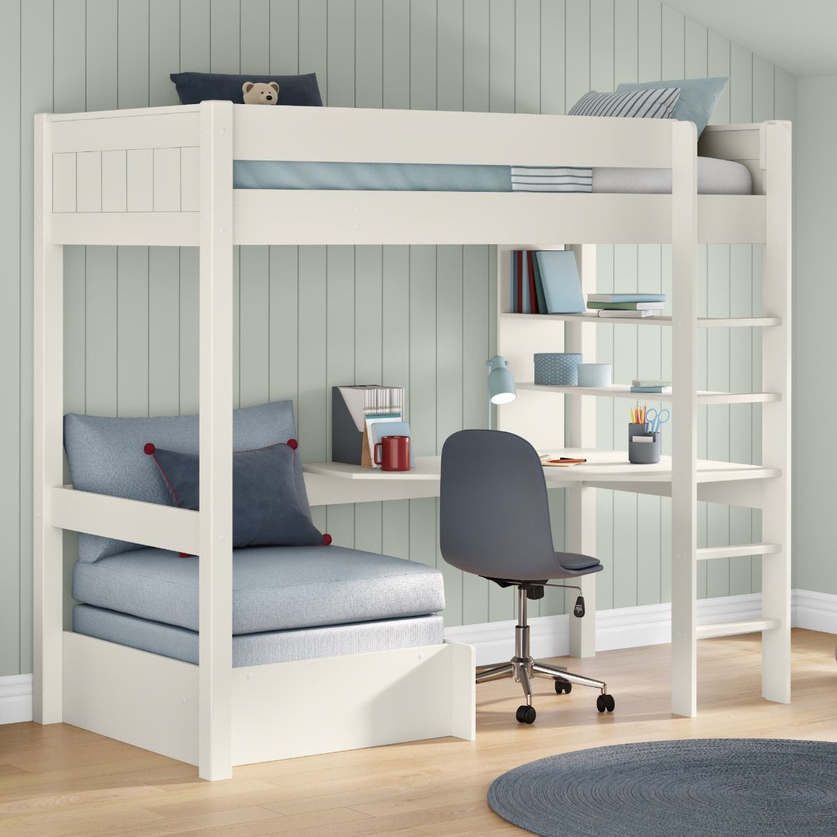 Classic High Sleeper with integrated desk and shelving and pull out chair bed UK Standard Single Size Lifestyle Angled