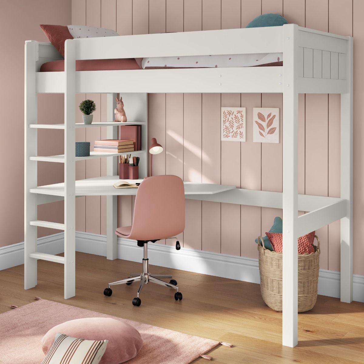 Childrens Classic High Sleeper Bed with Integrated Desk and Shelving  UK Standard Single Size Lifestyle Angled Zoomed