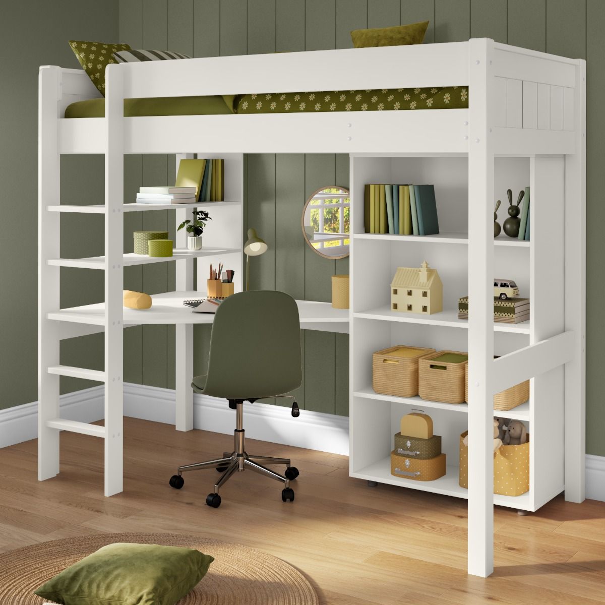 Classic Highsleeper in white with integrated desk and shelving and Tall Bookcase Lifestyle Angled