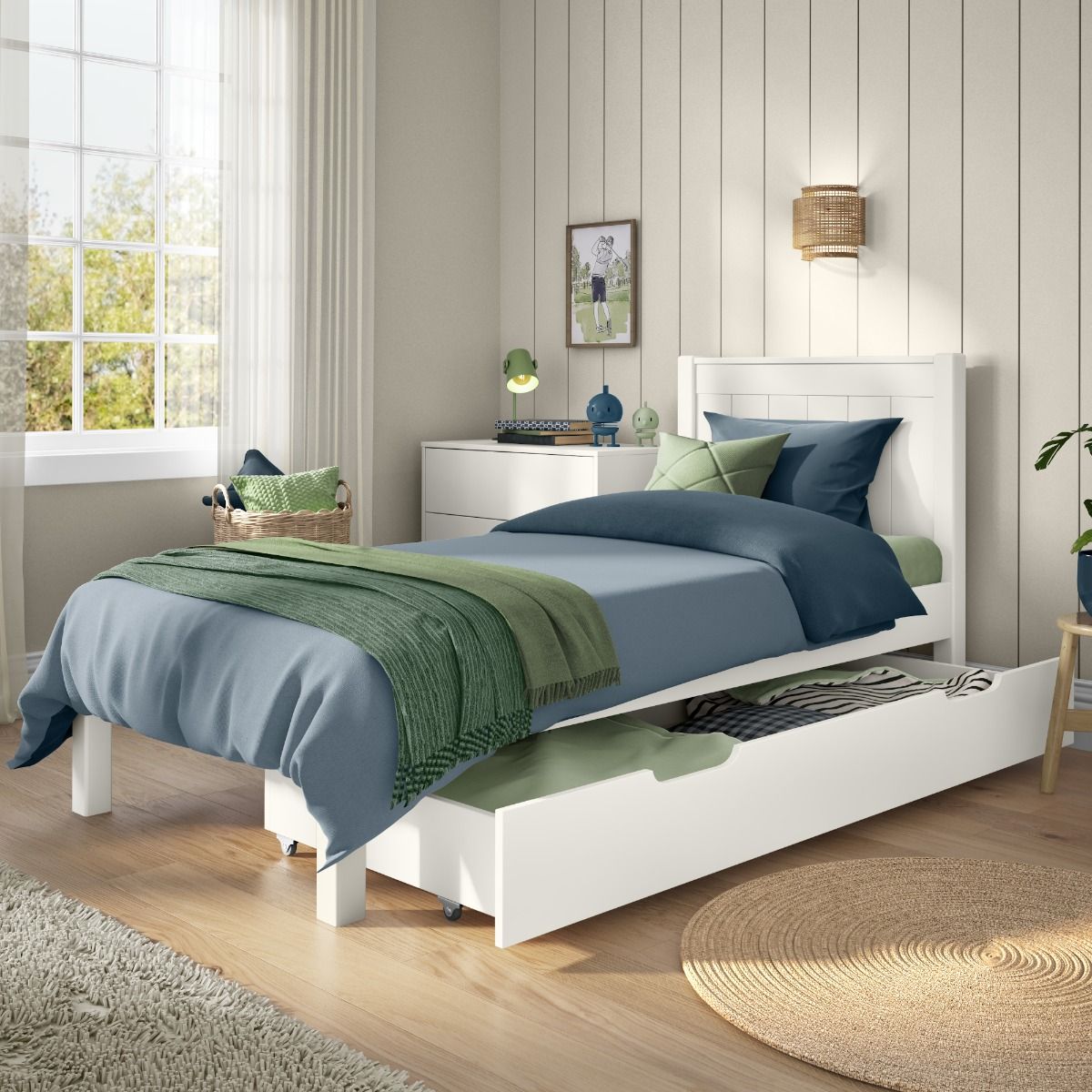 Childrens Stompa Classic Low End Single Bed in White with a Trundle Drawer cropped image