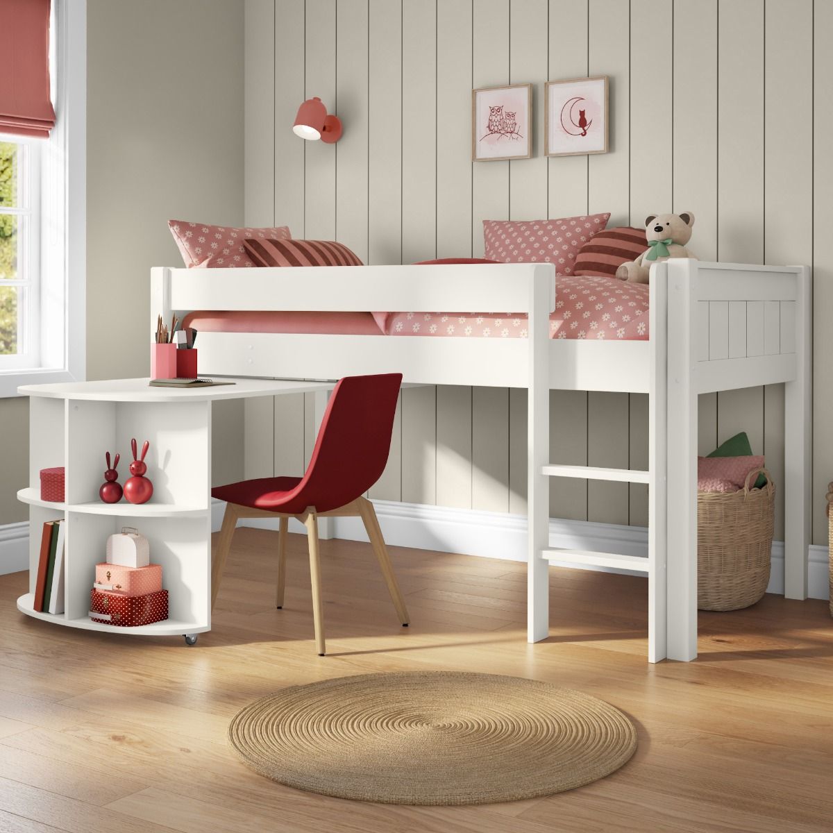 Classic Mid Sleeper in White + Pull Out Desk Standard UK Single Size Lifestyle Angled