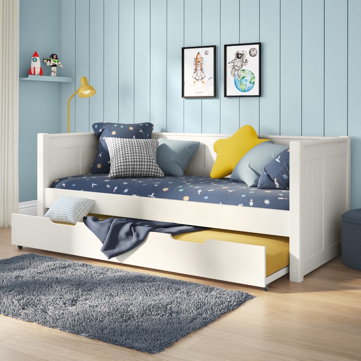 Classic White Day Bed with Open Trundle and Trundle Mattress Lifestyle Angled Zoomed