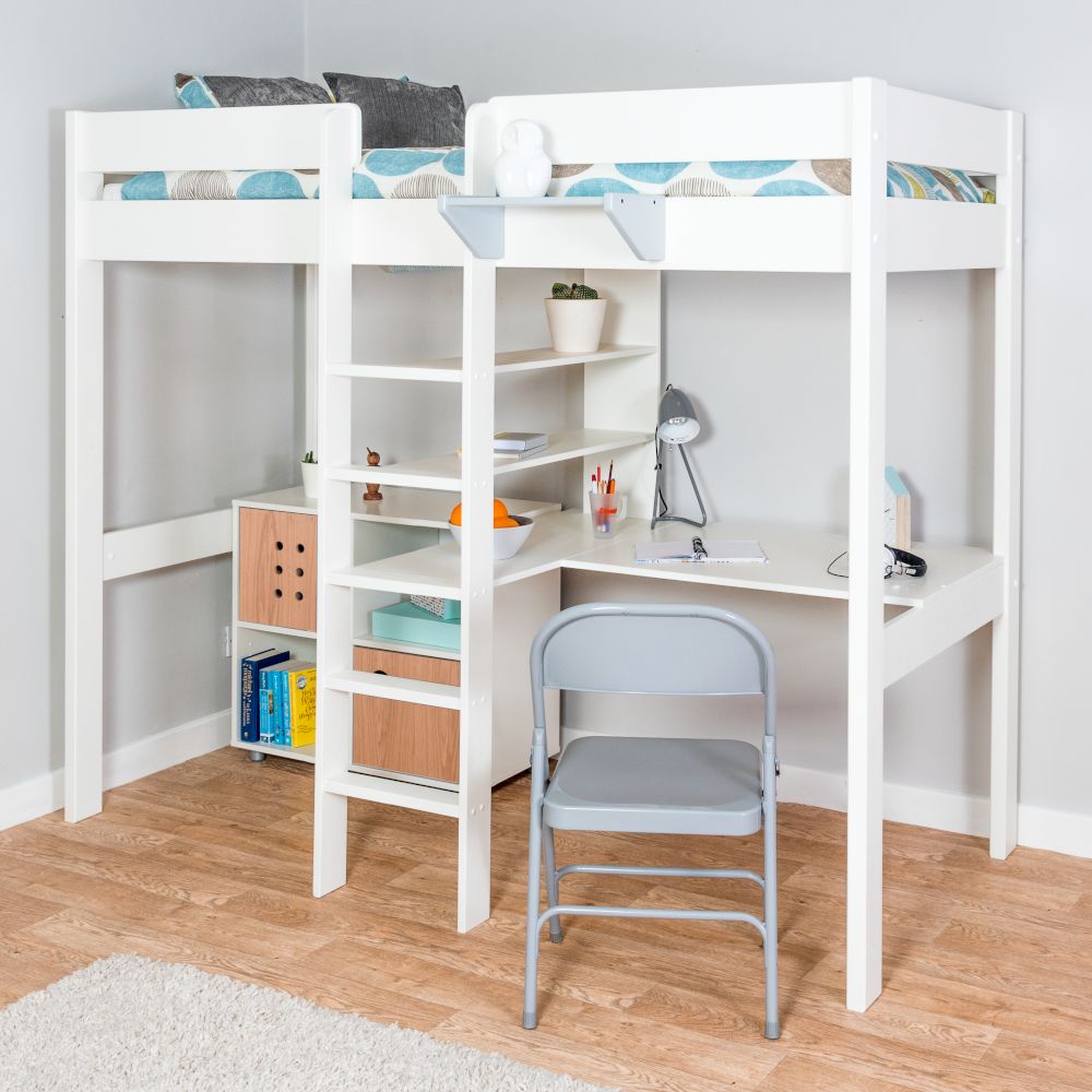 Stompa Duo 2 Highsleeper with Integrated Desk, Shelving and Cube Unit With 2 Oak Doors Lifestyle Angled