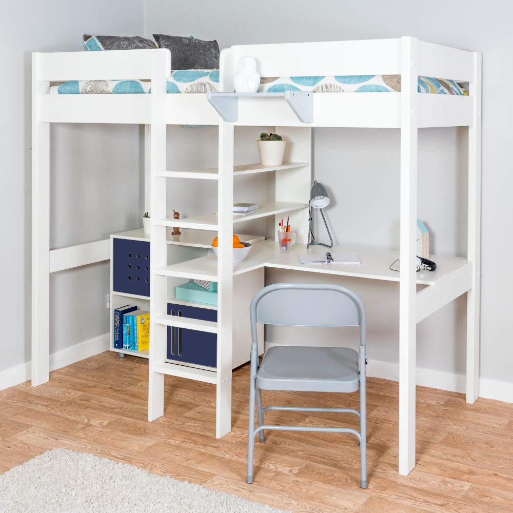 Stompa Duo 2 Highsleeper with Integrated Desk, Shelving and Cube Unit With 2 Blue Doors Lifestyle Angled