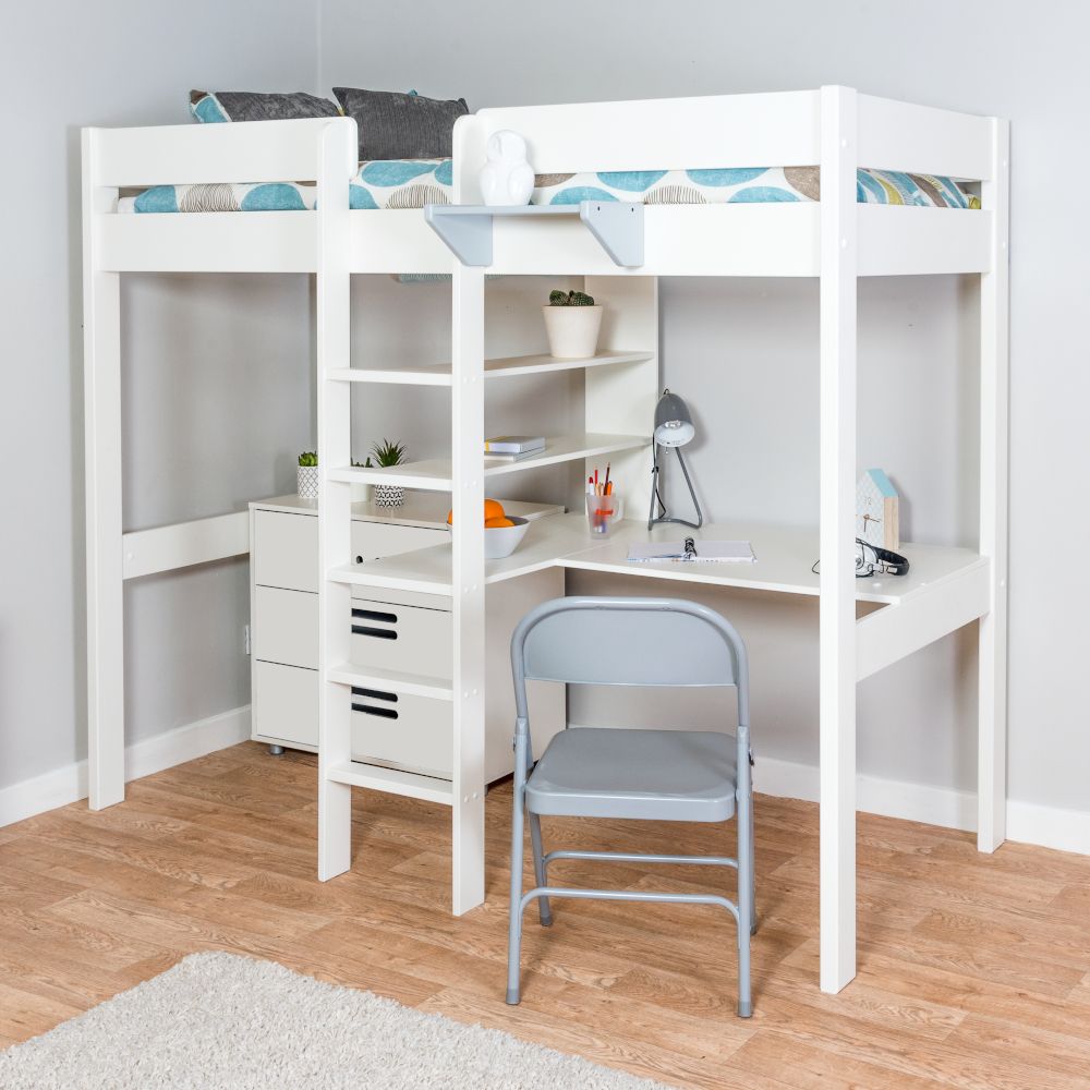 Stompa Duo 4 Highsleeper with Integrated Desk, Shelving and 3 Drawer Chest Lifestyle Angled