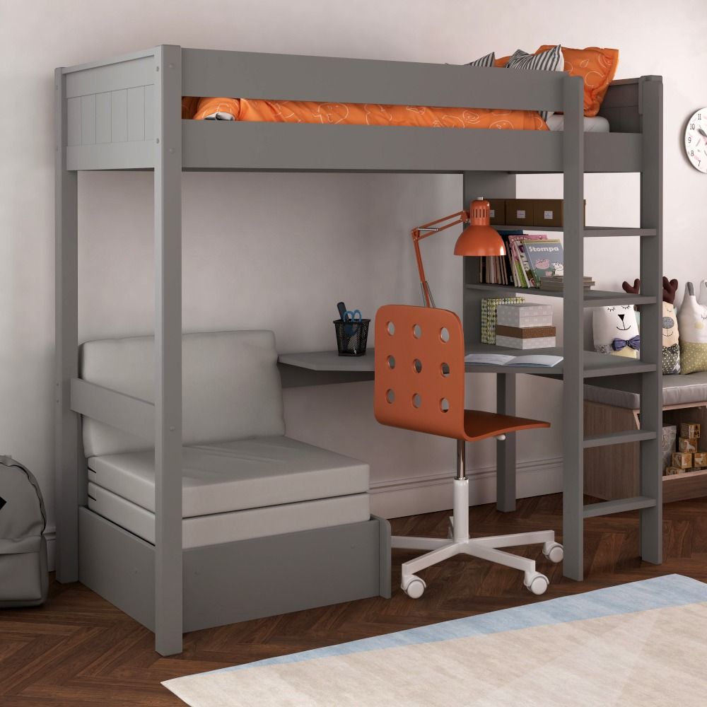 Classic High Sleeper in Grey with integrated desk and shelving and pull out chair bed UK Standard Single Size Lifestyle Angled