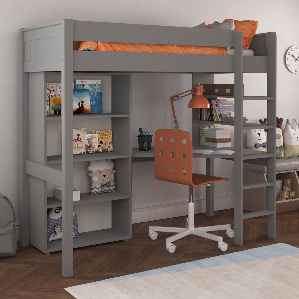 Classic High Sleeper in Grey with integrated desk and shelving and Tall Bookcase Lifestyle Angled