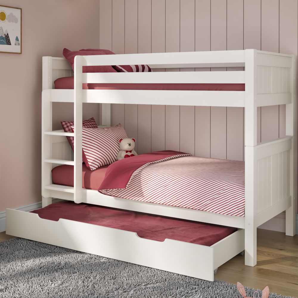 Childrens Classic Originals White Bunk Bed with a Trundle Bed and Trundle Mattress Lifestyle Angled Zoomed