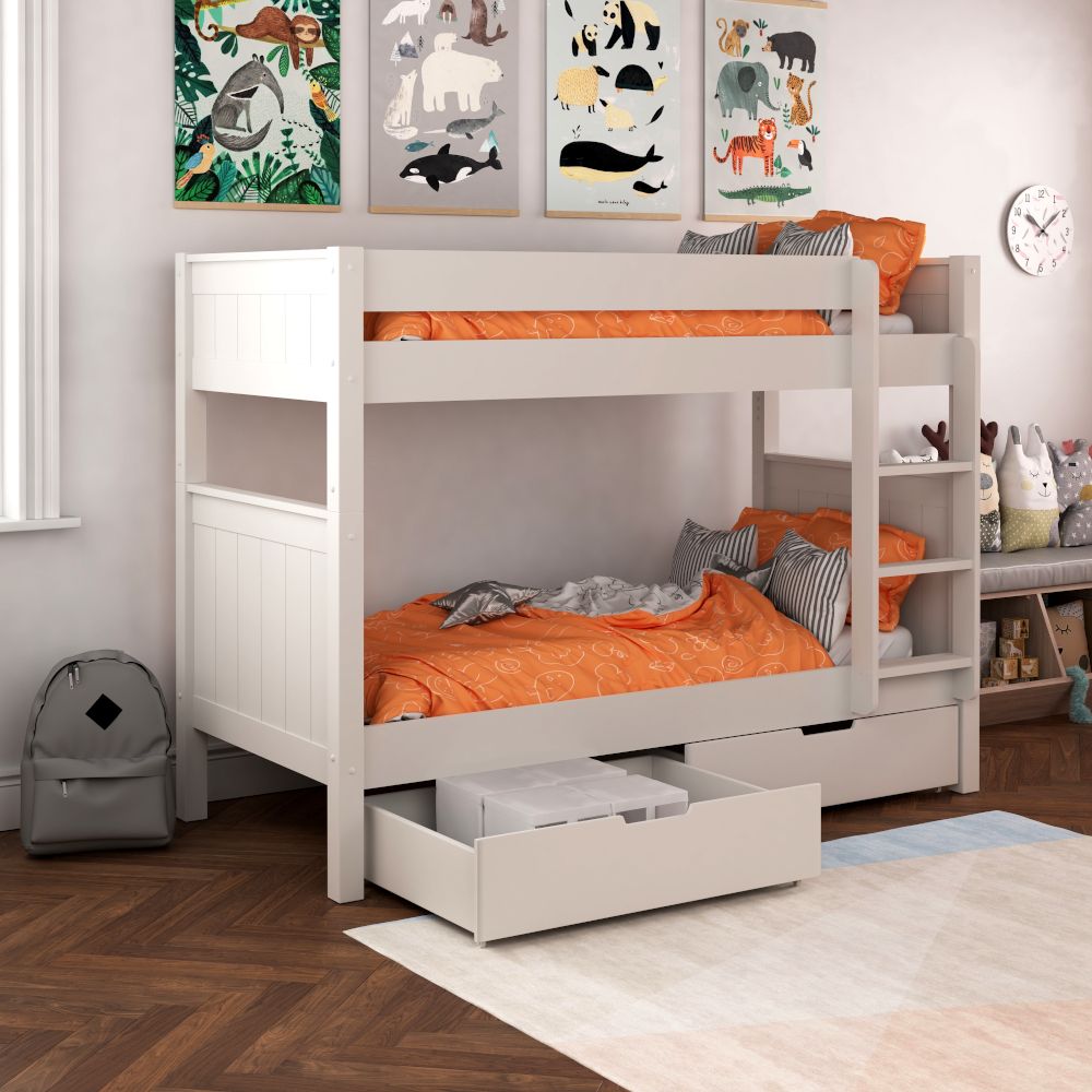 Classic Bunk Bed in White with a Pair of Storage Drawers Lifestyle Angled