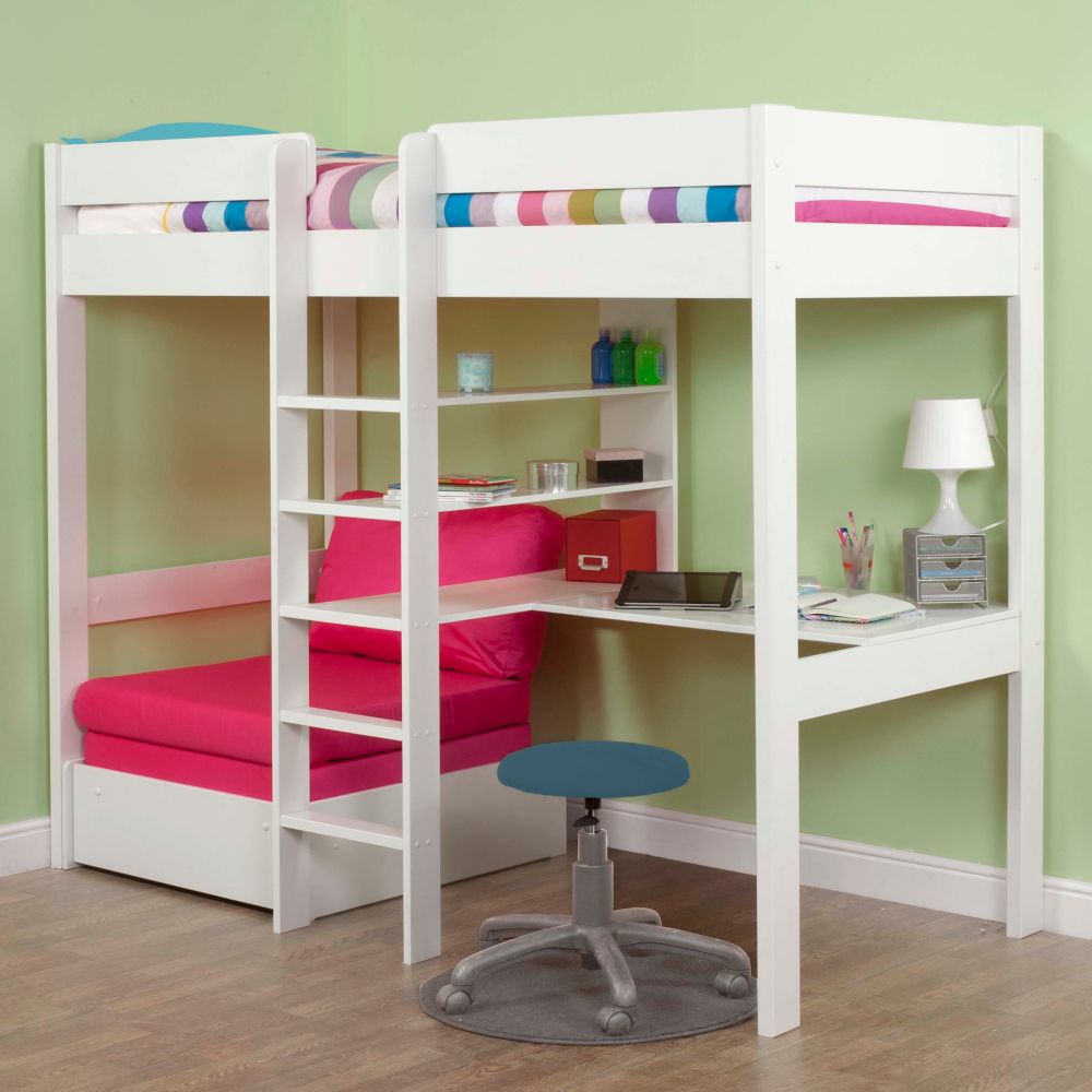 UNO High Sleeper With Pull Out Chair Bed In Pink And Free Stompa S Flex Airflow Mattress Lifestyle Angled