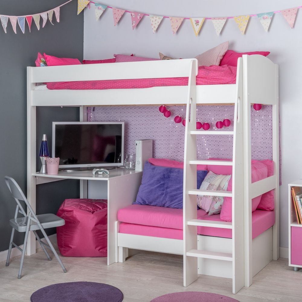 UnoS21 Highsleeper with Sofa Bed in Pink with Fixed Desk Lifestyle Angled