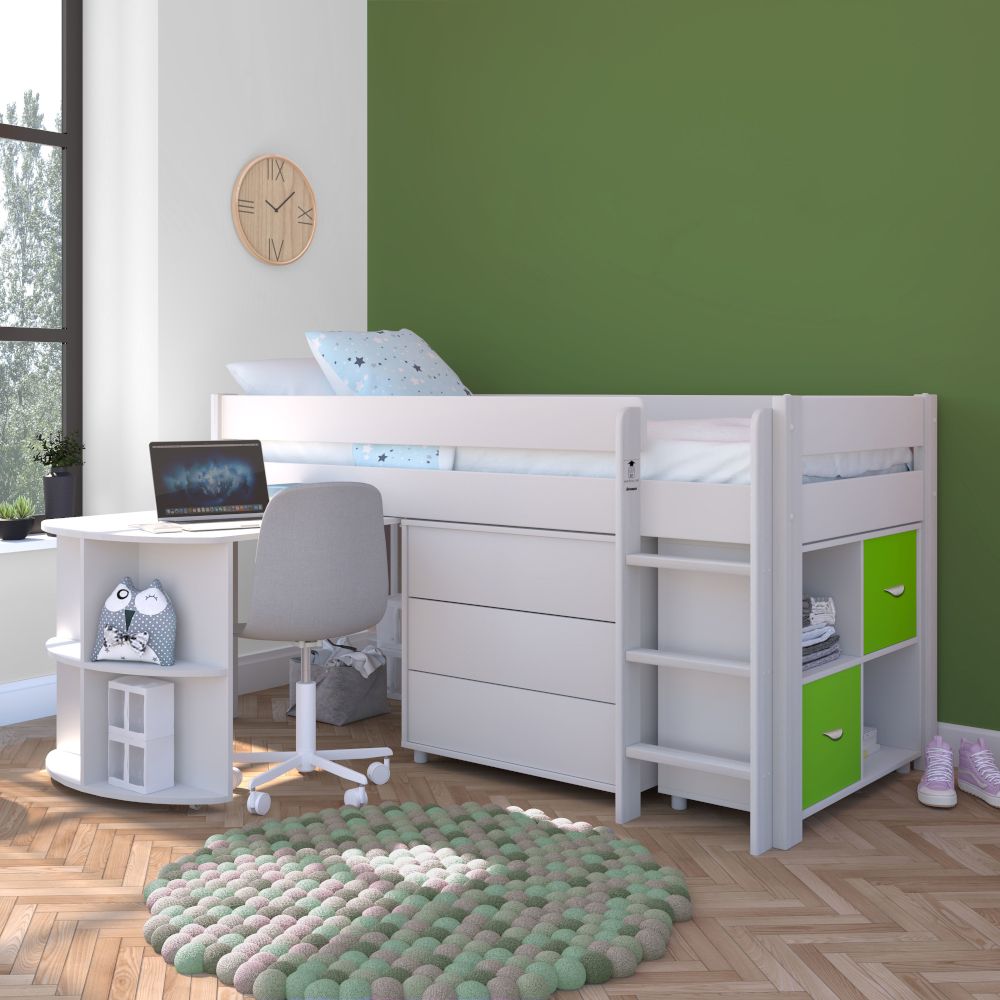 UNO Midsleeper Special Package Includes 3 Drw Chest, Cube Unit  with 2 Lime Doors, Pull Out Desk and Free Stompa S Flex Airflow Mattress Lifestyle Angled